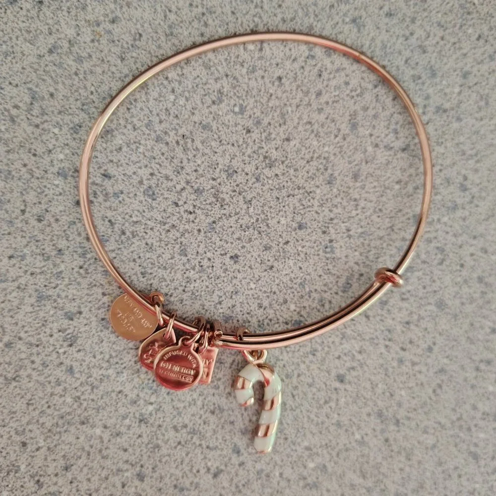 NWOT Alex and Ani Rose Gold Candy Cane Christmas Charm Bracelet Bangle 159